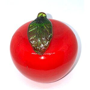 Handcrafted Red Glass Apple Paperweight With Green Leaf Accent